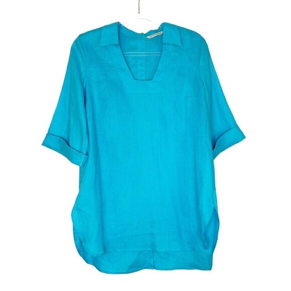 Soft Surroundings Linen Tunic Top Womens Size Small Blue Button Back - Picture 1 of 10